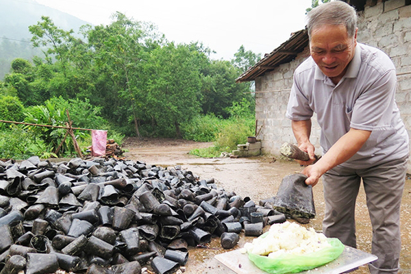 Ông Kỳ Dùng Phú ở thôn Bản Mạ, xã Bắc Xa kiểm tra chất lượng nhựa thông. Ảnh: Hùng Tráng